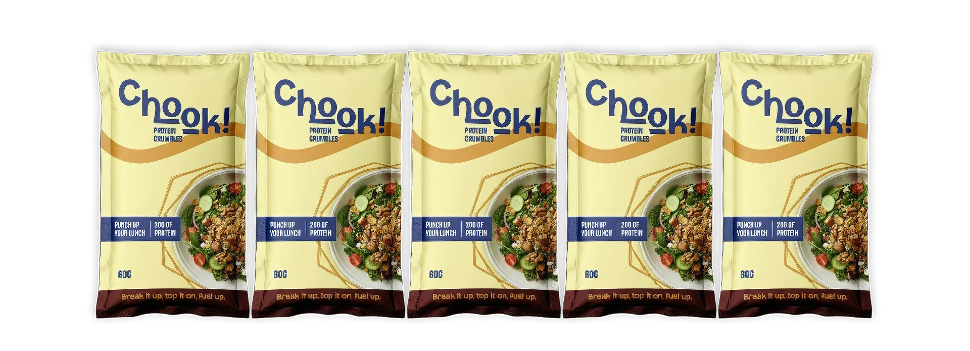 Five bags of Chook! Protein Crumbles, showcasing a colorful salad and emphasizing 20g of protein per serving on a light yellow background.