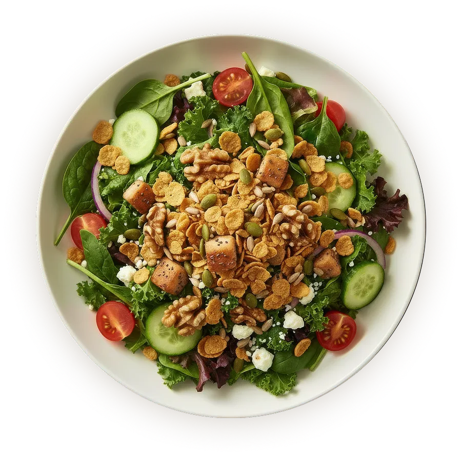 A vibrant salad topped with crunchy cornflakes, walnuts, cucumbers, cherry tomatoes, and mixed greens on a white plate.