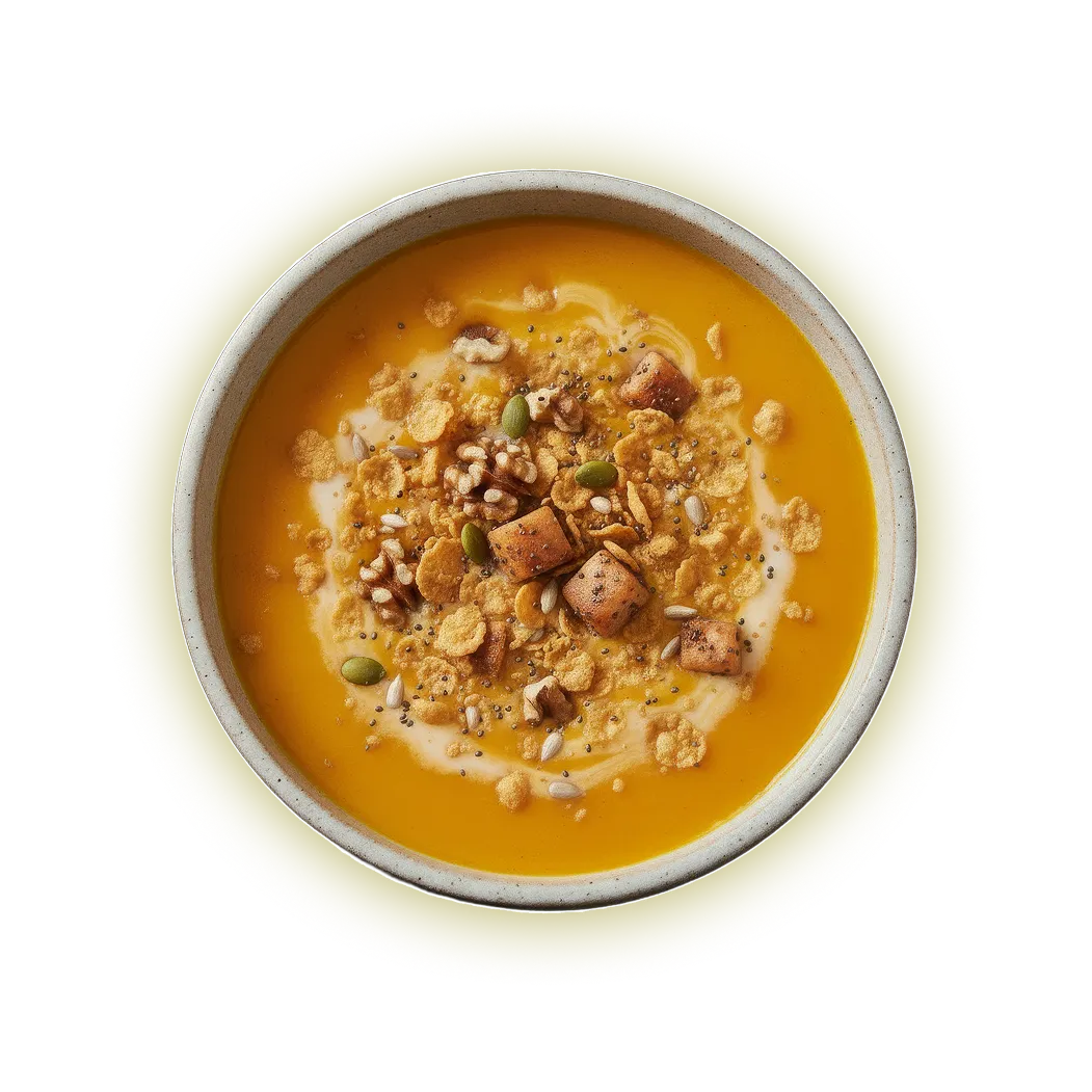 A bowl of creamy orange soup topped with crunchy granola, seeds, and croutons, served on a green plate.